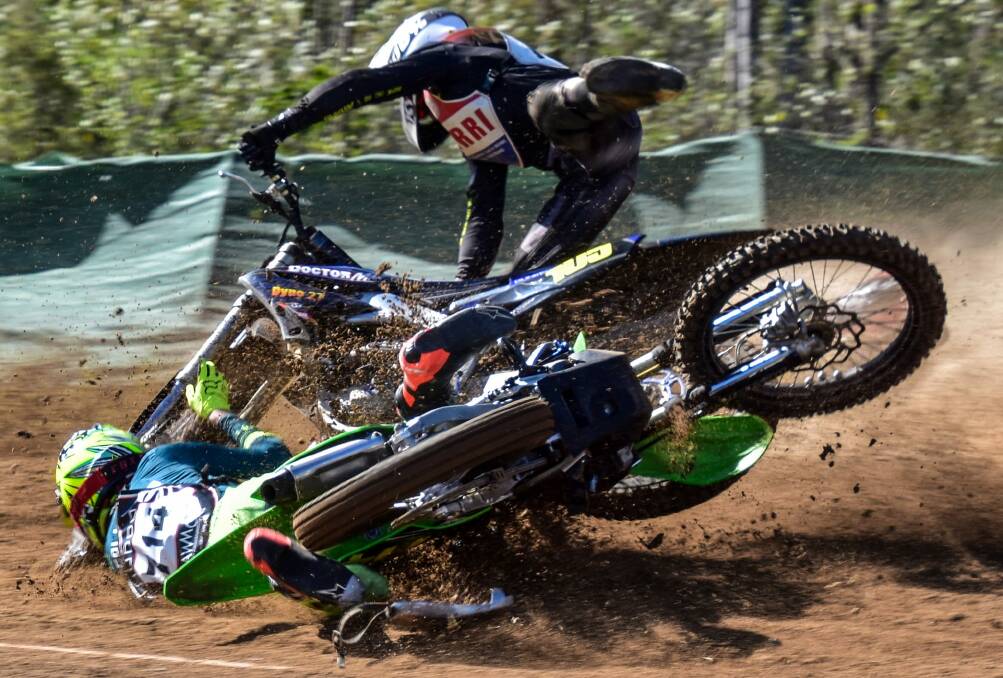 Cameron Dunker in a spectacular crash at the Australian Junior Dirt Track Championships at Barleigh Ranch Raceway on Saturday, July 8. Picture by Broomsticks and Methanol Photography