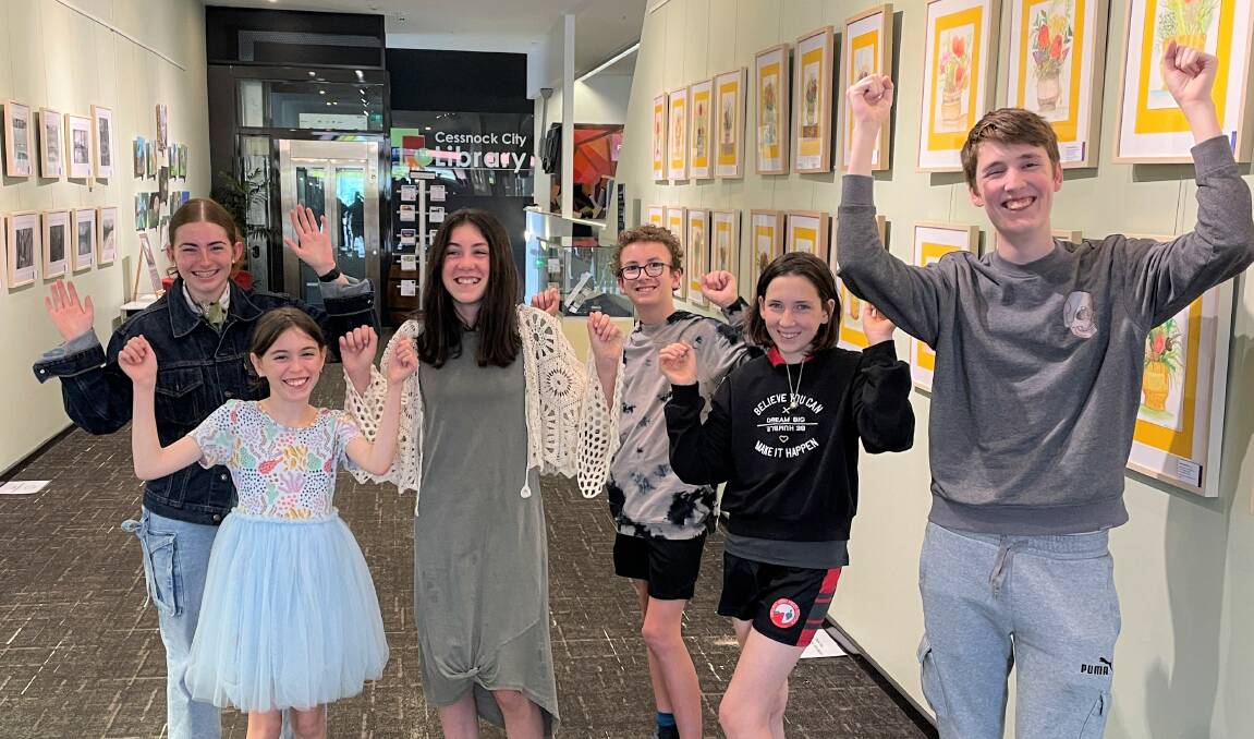Casscar Creative Arts Studio students Lily Stothard, Madison Harwood, Lilah Carroll, Henry Pearce, Eleanor Thompson and Ethan Butcher are excited to have their work on display at Cessnock Library. Picture by Krystal Sellars.
