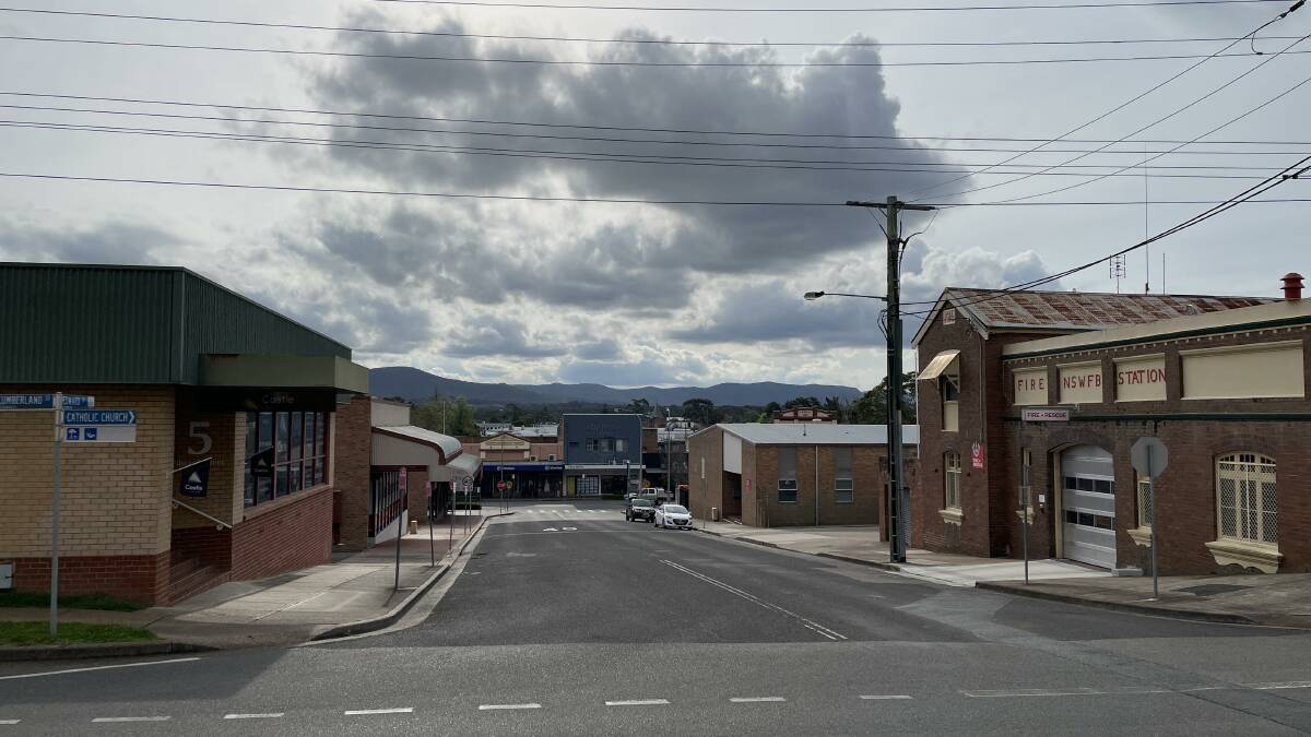 Grey clouds over the Cessnock CBD on Tuesday afternoon. Picture by Krystal Sellars.