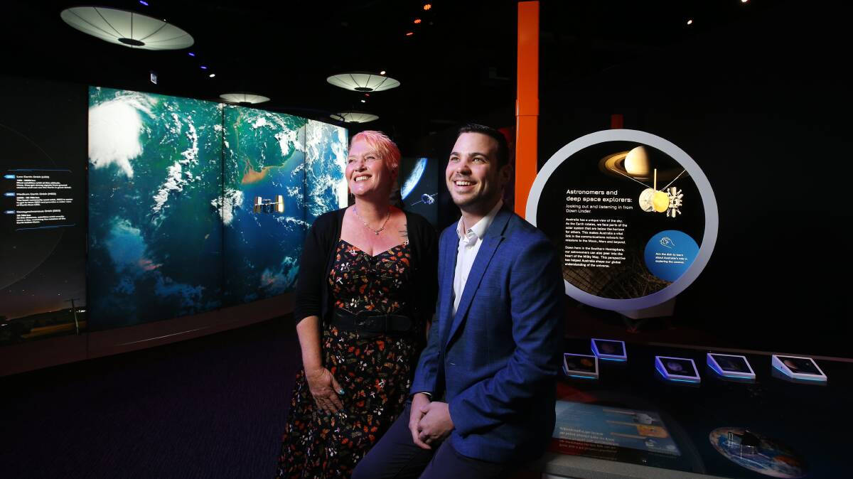 Deputy Lord Mayor Declan Clausen and Director Museum Archive Libraries and Learning Julie Baird checking out the Australia in Space exhibition at Newcastle Museum. Picture by Simone De Peak