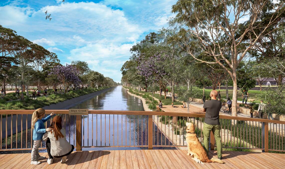 A concept image of the Hunter Park plan showing parkland and a bridge over Styx Creek. Image supplied