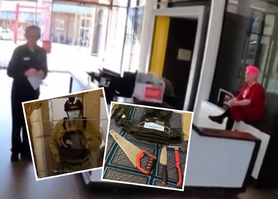 Julie Baird and a Newcastle Museum customer service officer face an armed Jordan Patten, and inset, Patten geared up and his alleged weapons. Pictures via livestream